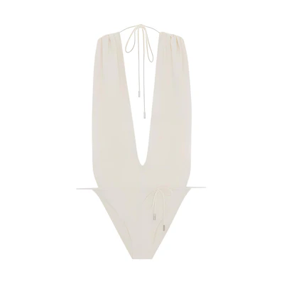 (Women) SAINT LAURENT V-Neck Tie One-Piece Swimsuit Cream White. 783574Y37PG9078