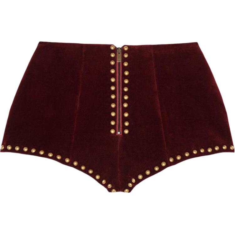 (Women) SAINT LAURENT  Velvet Studded Slim Shorts Burgundy 534759Y615W6166