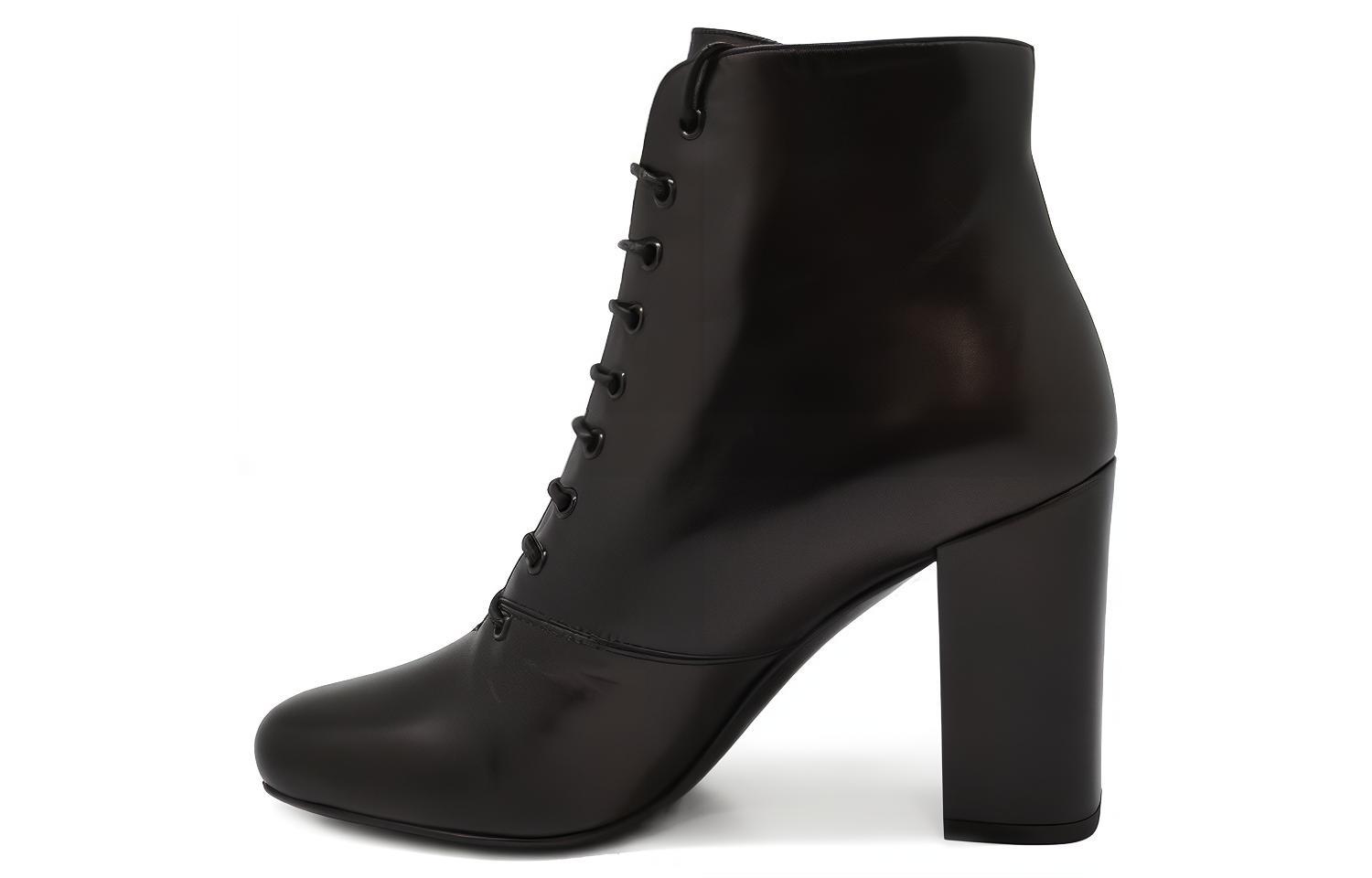 Buy (W) 圣罗兰黑色皮革粗跟短靴 404546AKP001000