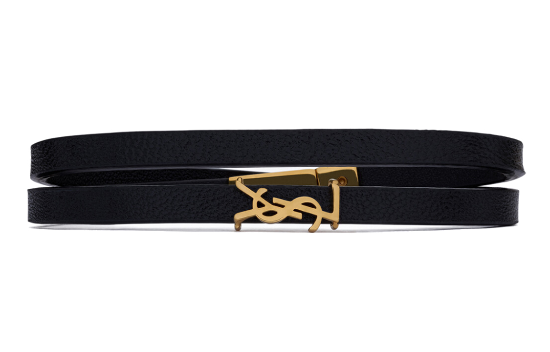 (Women) Saint Laurent Black Calfskin Bracelet with Brass Logo Double Rings for Women. 745602BL40J1000