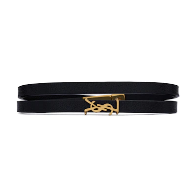 (Women) Saint Laurent Black Calfskin Bracelet with Brass Logo Double Rings for Women. 745602BL40J1000