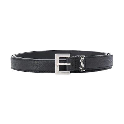 (Women) Saint Laurent Black Leather Belt 2cm - Silver Buckle, Grain Leather. 612616DTI0E1000