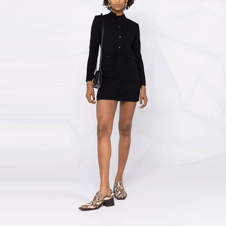 Shop (Women) Saint Laurent Black Solid Buttoned Long Sleeve Straight Dress 658317Y288V1000