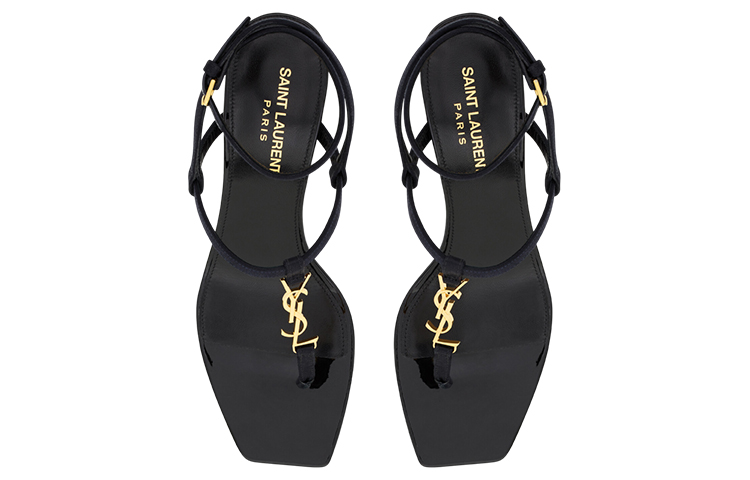 Shop SAINT LAURENT CASSANDRA 絲綢 小貓跟方頭 時尚涼鞋 6公分 女款 深藍黑