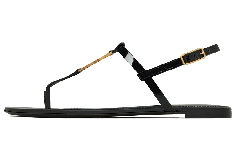 (Women) Saint Laurent Cassandra Flat Sandals 'Black Patent Gold Logo' 659817B8IKK1000