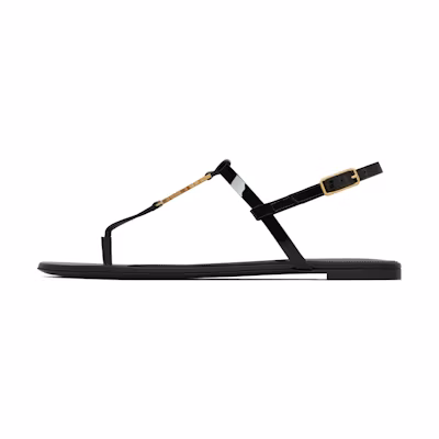 (W) Saint Laurent Cassandra Flat Sandals 'Black Patent Gold Logo'
