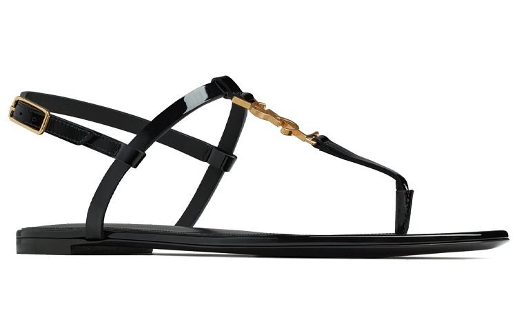 Lookbook (W) Sandal Datar Saint Laurent Cassandra 'Hitam Patent Logo Emas' 659817B8IKK1000