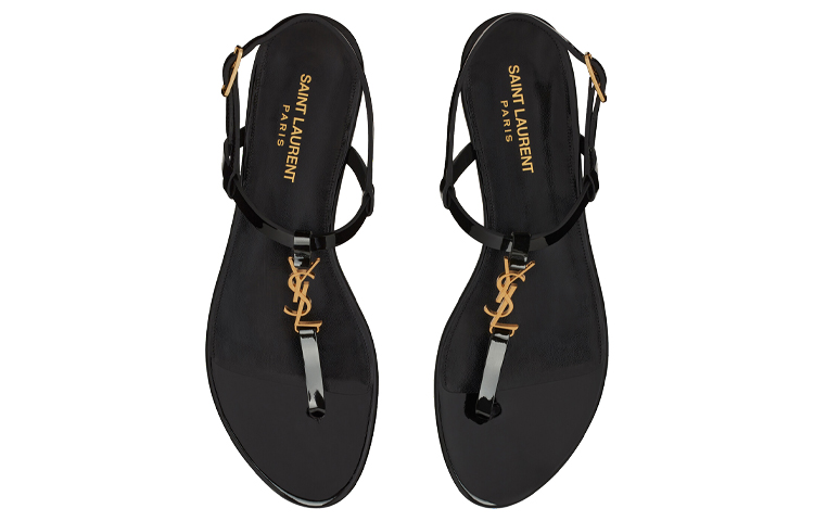 Shop (W) Sandal Datar Saint Laurent Cassandra 'Hitam Patent Logo Emas' 659817B8IKK1000