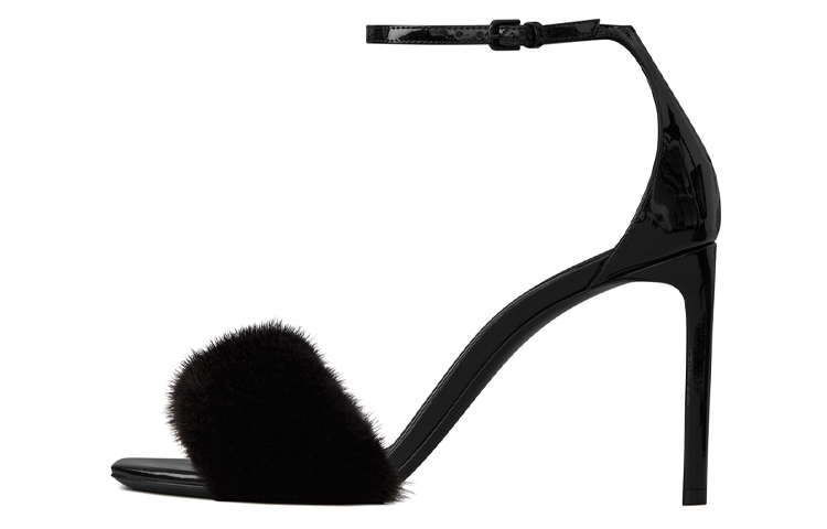 (Women) Saint Laurent Fashion Sandals 'Black Patent and Mink Fur' 631009E0E101000