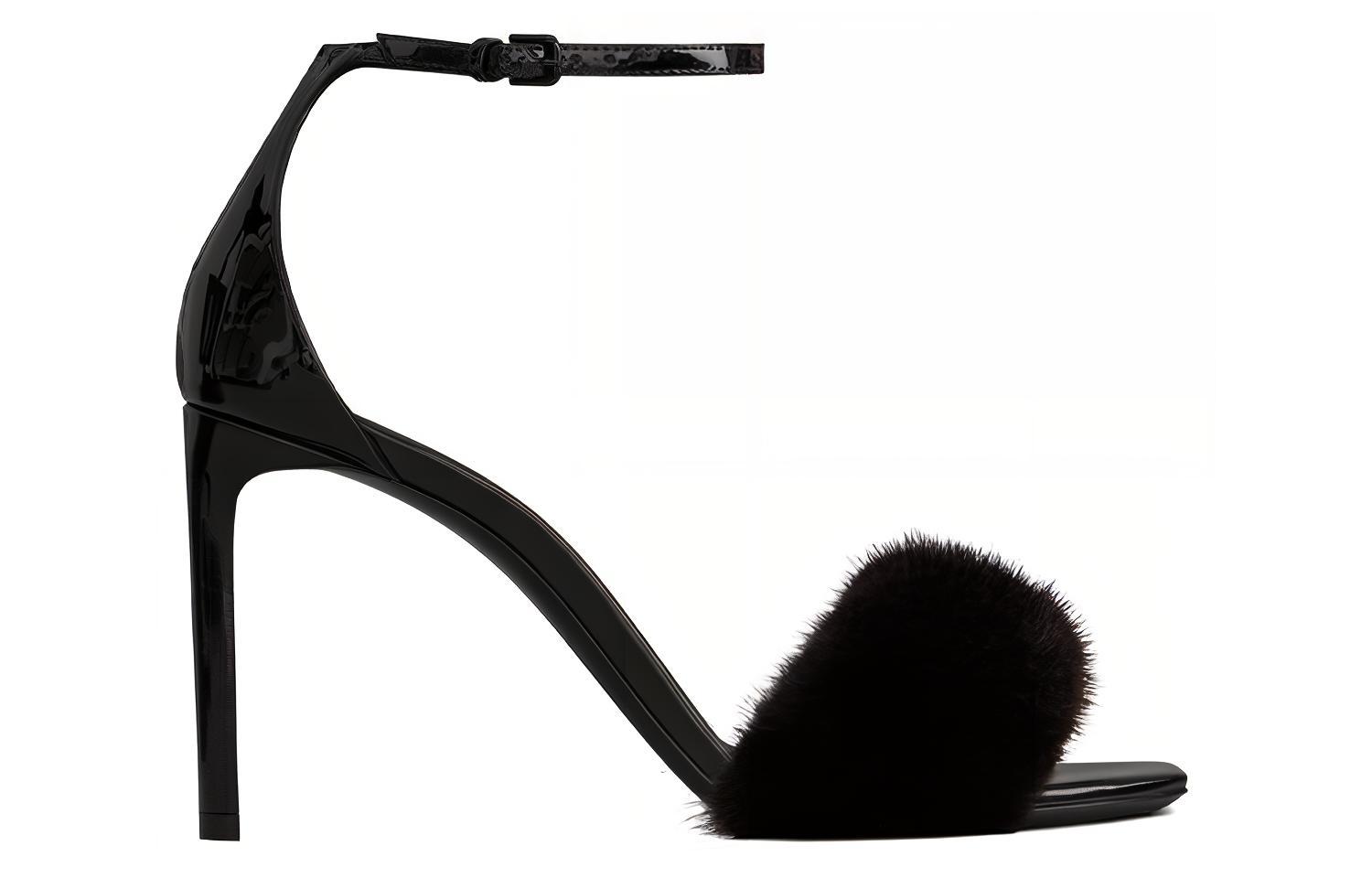 Order (W) Saint Laurent Sandal Fesyen 'Hitam Patent dan Bulu Mink' 631009E0E101000