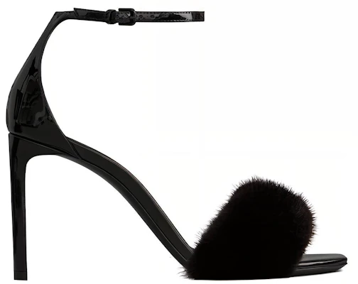 (W) Saint Laurent Sandal Fesyen 'Hitam Patent dan Bulu Mink' 631009E0E101000 Order (W) Saint Laurent Sandal Fesyen 'Hitam Patent dan Bulu Mink' 631009E0E101000