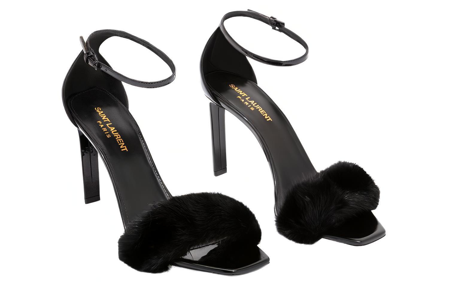 Lookbook (W) Saint Laurent Sandal Fesyen 'Hitam Patent dan Bulu Mink' 631009E0E101000
