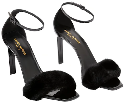 (W) Saint Laurent Sandal Fesyen 'Hitam Patent dan Bulu Mink' 631009E0E101000 Lookbook (W) Saint Laurent Sandal Fesyen 'Hitam Patent dan Bulu Mink' 631009E0E101000