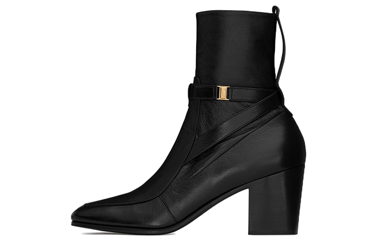 (Women) Saint Laurent Fran 'Black Leather Block Heel Ankle' 71128425N001000