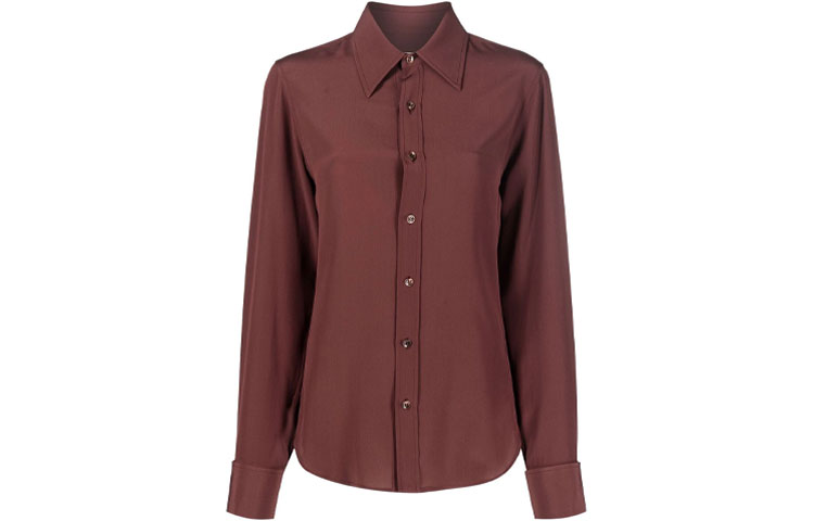 (Women) SAINT LAURENT FW21 Button-Up Solid Long Sleeve Shirt Women Marron Red 663493Y100W6104