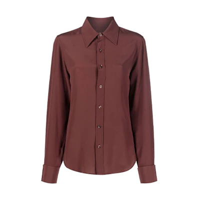 (Women) SAINT LAURENT FW21 Button-Up Solid Long Sleeve Shirt Women Marron Red 663493Y100W6104