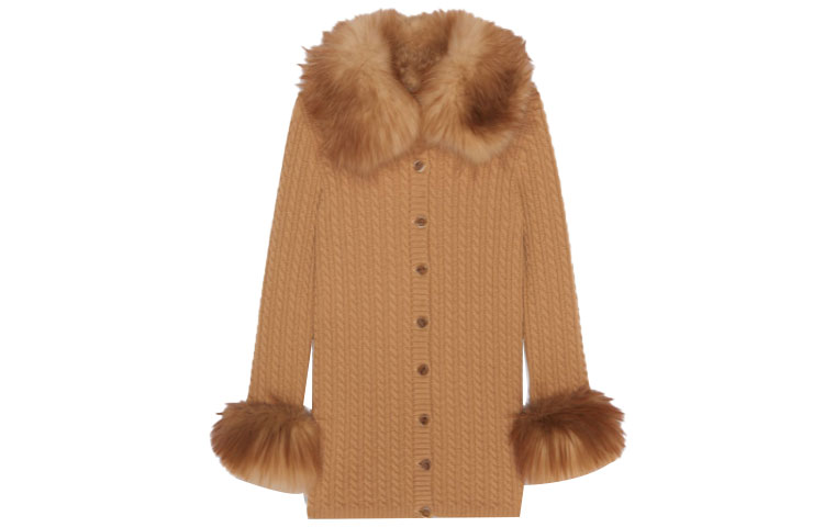 (Women) SAINT LAURENT FW21 Fox Fur Knit Wool Cardigan Long Sleeve Dress Beige Women 663425Y75DJ2600