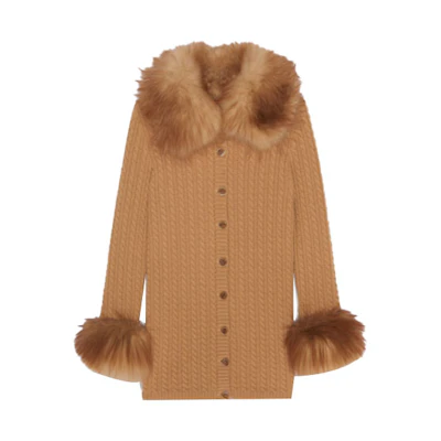 (Women) SAINT LAURENT FW21 Fox Fur Knit Wool Cardigan Long Sleeve Dress Beige Women 663425Y75DJ2600