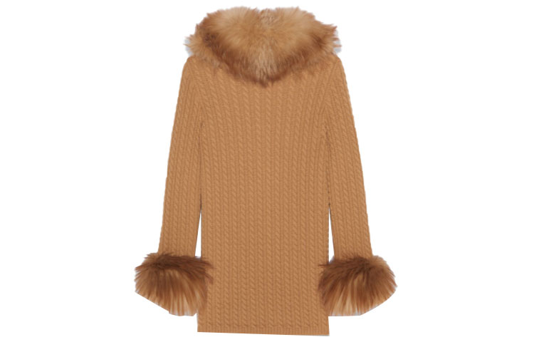 Lookbook (Women) SAINT LAURENT FW21 Fox Fur Knit Wool Cardigan Long Sleeve Dress Beige Women 663425Y75DJ2600