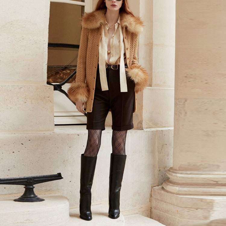 Shop (Women) SAINT LAURENT FW21 Fox Fur Knit Wool Cardigan Long Sleeve Dress Beige Women 663425Y75DJ2600