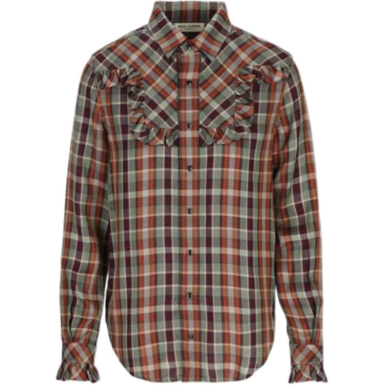 (Women) Saint Laurent FW21 Plaid Button-Up Shirt Maroon. 663877Y22DA6577