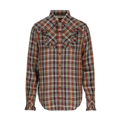 (Women) Saint Laurent FW21 Plaid Button-Up Shirt Maroon. 663877Y22DA6577