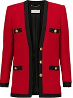 (Women) SAINT LAURENT FW21 Red Tweed Cardigan Jacket with Metallic Accents 672980Y3C736231 (Women) SAINT LAURENT FW21 Red Tweed Cardigan Jacket with Metallic Accents 672980Y3C736231