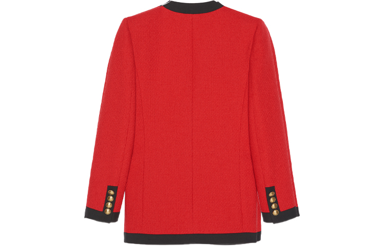 Lookbook (W) SAINT LAURENT FW21 Jaket Kardigan Tweed Merah dengan Aksen Metalik. 672980Y3C736231