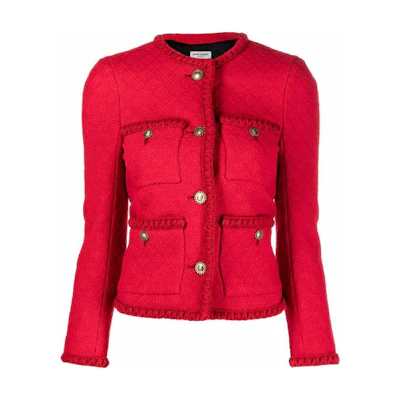 (Women) SAINT LAURENT FW21 Red Tweed Jacket with Logo Button Detail. 680280Y7D286404