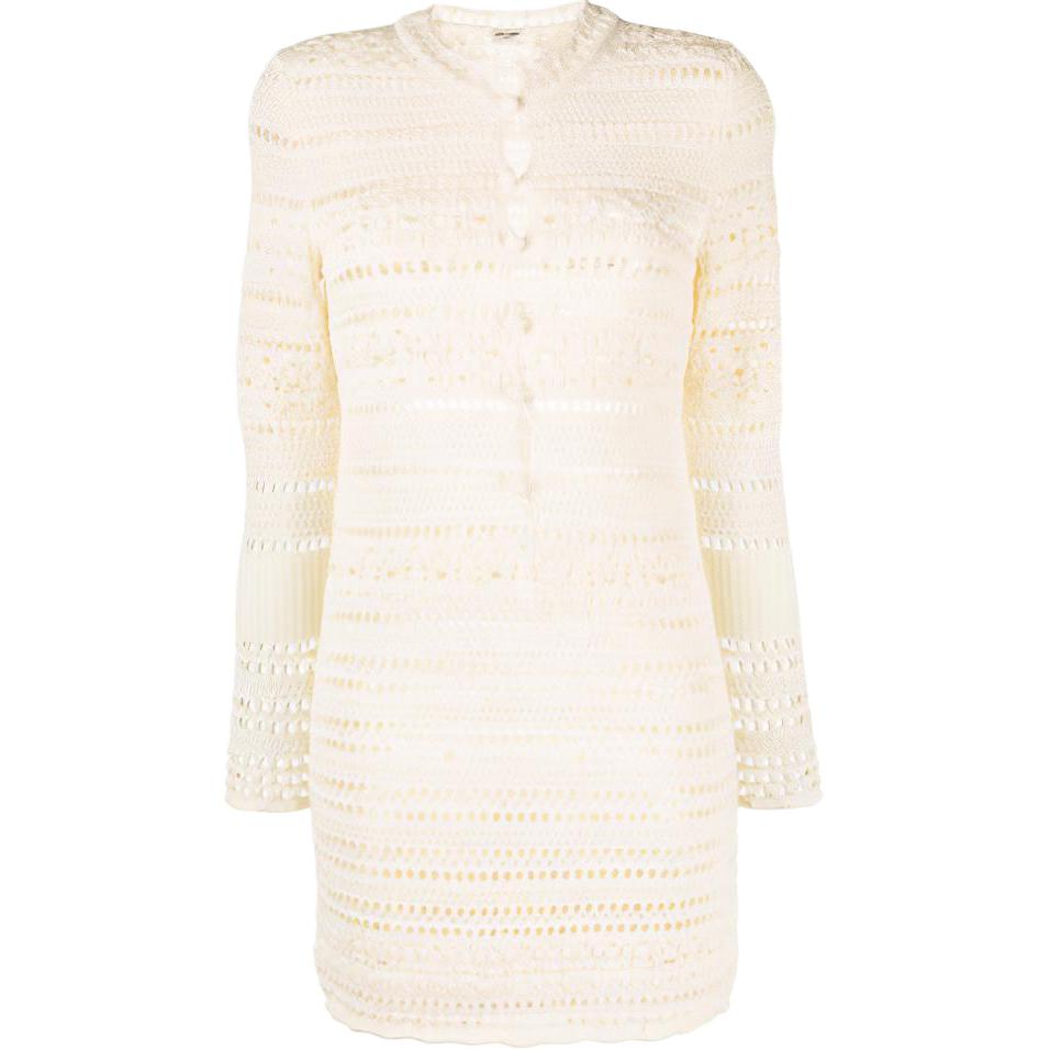 (Women) SAINT LAURENT FW21 White Knit Detail A-Line Long Sleeve Dress Fashion 646374YAVS29502