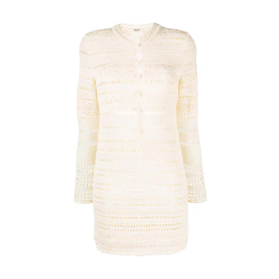 (Women) SAINT LAURENT FW21 White Knit Detail A-Line Long Sleeve Dress Fashion 646374YAVS29502