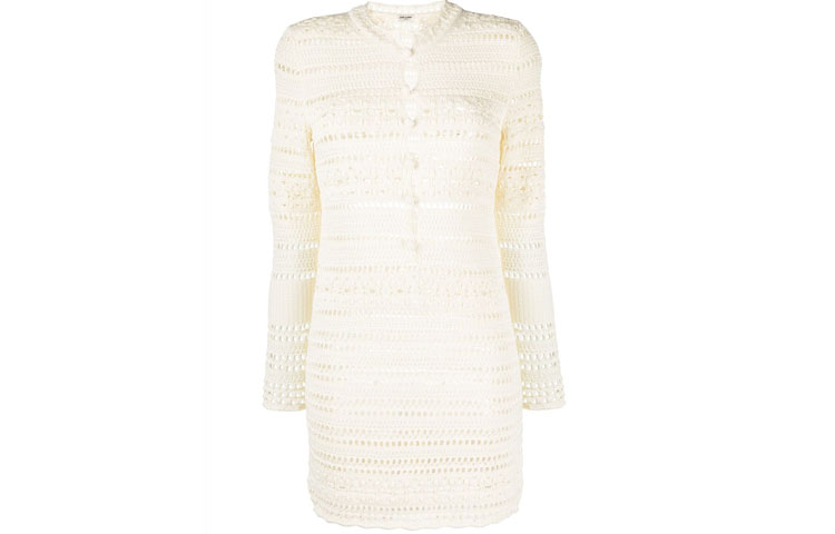 Order (Women) SAINT LAURENT FW21 White Knit Detail A-Line Long Sleeve Dress Fashion 646374YAVS29502
