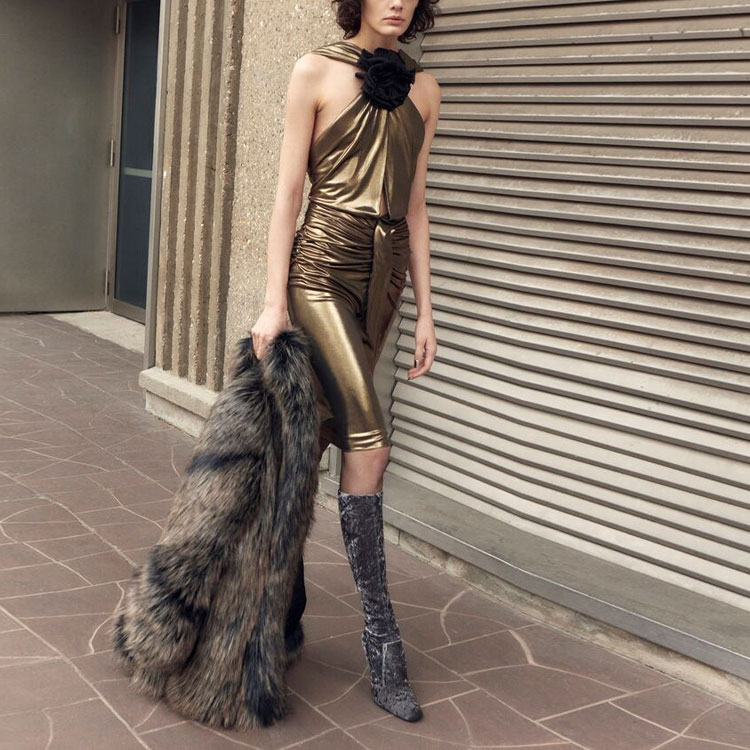 Shop (W) Saint Laurent FW22 Chaqueta Abrigo Marrón sin Cuello de Piel Sintética. 707411Y4F671051