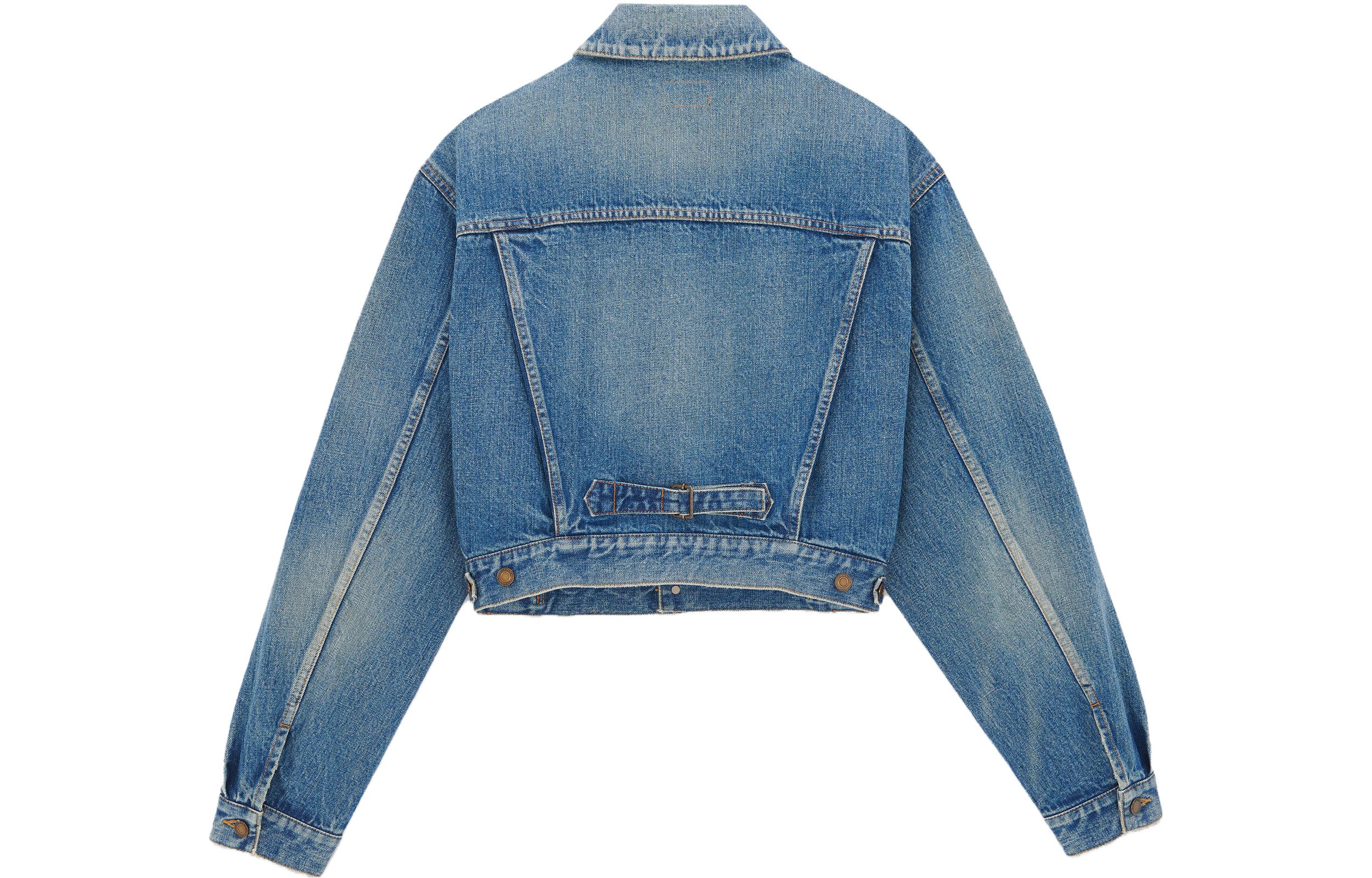 Lookbook (W) SAINT LAURENT FW23 Jaket Denim Biru Pendek Gaya Kasual Single-Breasted. 771838Y11YC5092