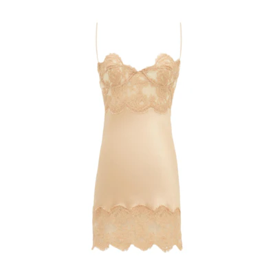 (Women) SAINT LAURENT FW24 Lace Spliced Adjustable Strap Dress Beige. 793251Y001W2850