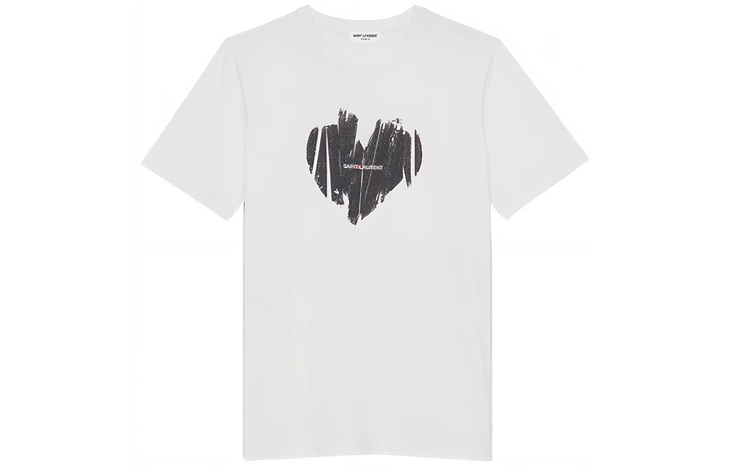 (Women) Saint Laurent Heart Print Crew-Neck Short Sleeve T-Shirt Women’s White 615522YBSO29744