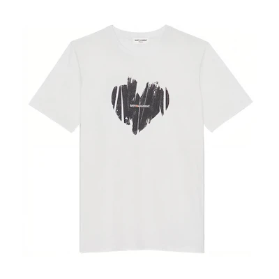 (Women) Saint Laurent Heart Print Crew-Neck Short Sleeve T-Shirt Women’s White 615522YBSO29744