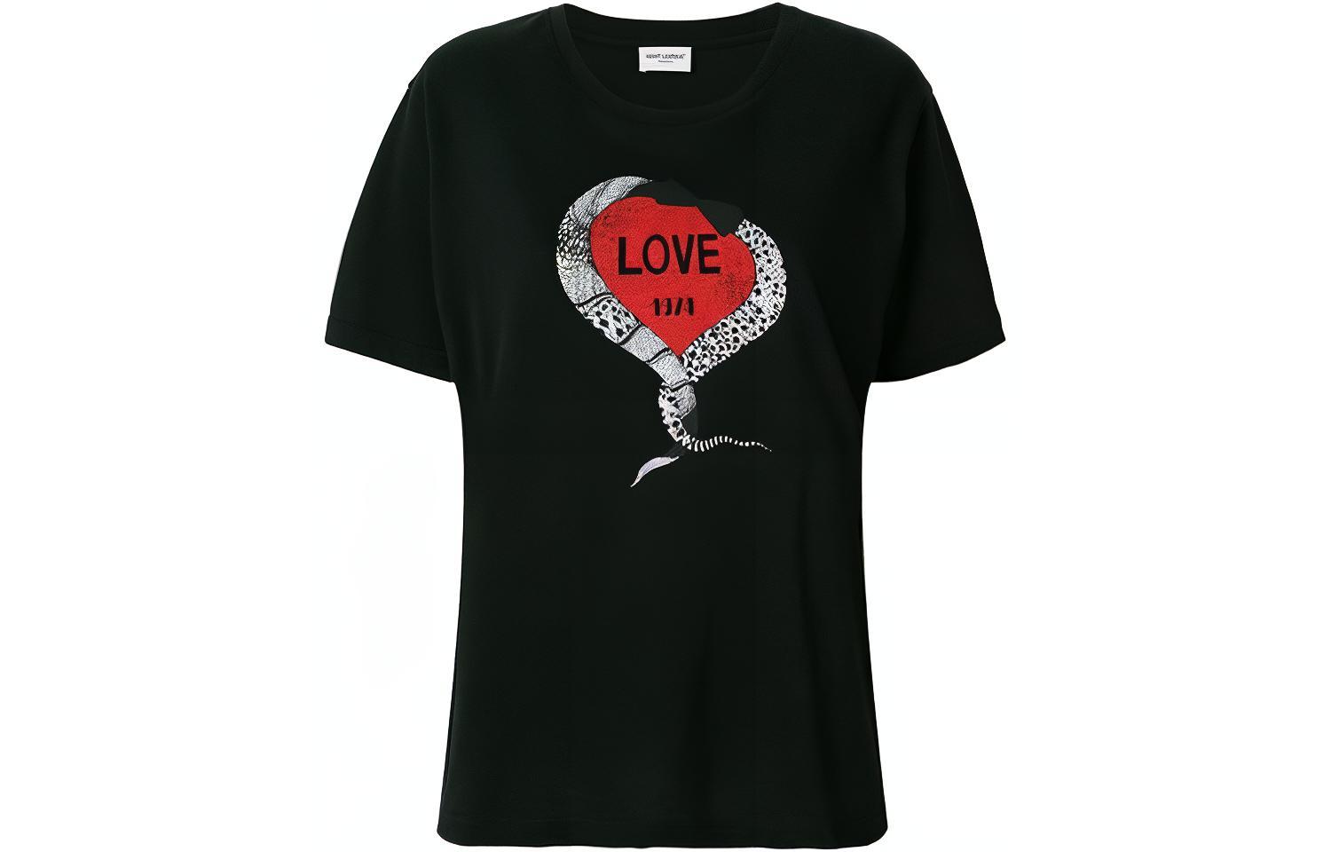 (Women) Saint Laurent Heart Print Round Neck Black T-Shirt. 497236-YB2MQ-1004
