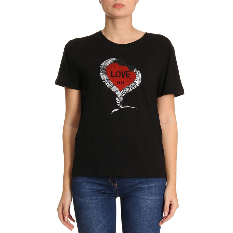Lookbook (W) 圣罗兰心形印花黑色圆领T恤。 497236-YB2MQ-1004