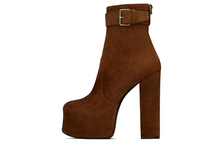 Buy (W) 圣罗兰棕色皮革粗跟踝靴 6876640LI002330