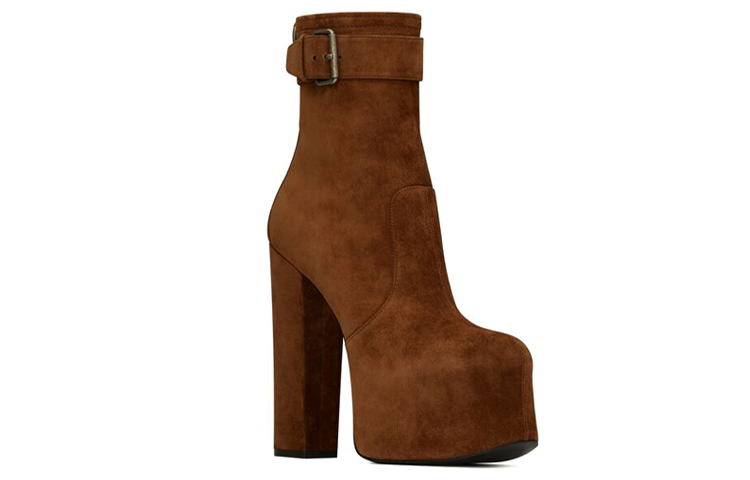 Shop (W) 圣罗兰棕色皮革粗跟踝靴 6876640LI002330