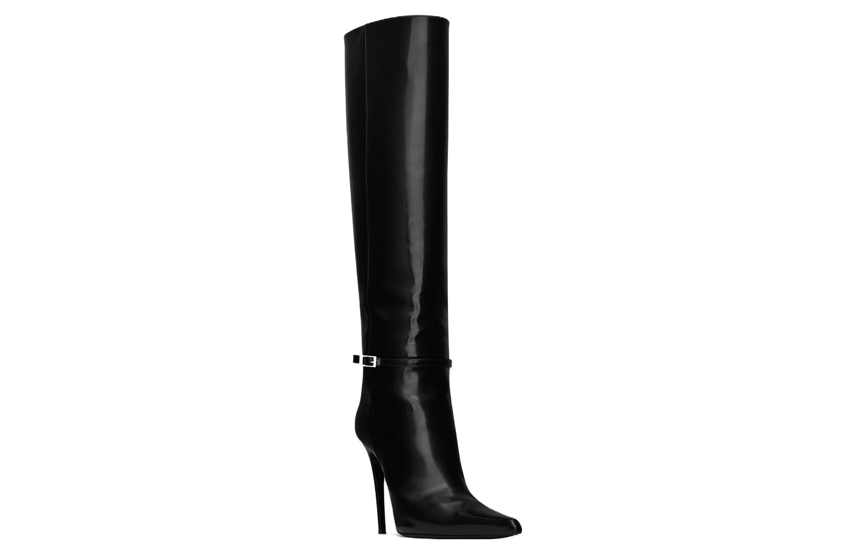 Lookbook (W) But Saint Laurent Kasut But Tinggi Kulit Fesyen Bertitik 'Hitam' 755190AAAPI1000