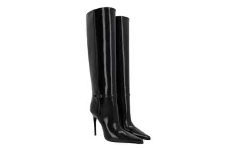 Shop (W) But Saint Laurent Kasut But Tinggi Kulit Fesyen Bertitik 'Hitam' 755190AAAPI1000