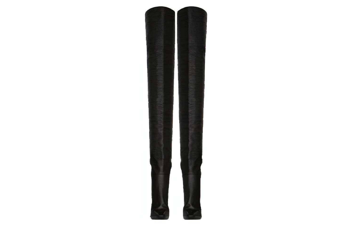 Shop (W) 생 로랑 블랙 글리터 가죽 오버니 부츠 66763425V001000
