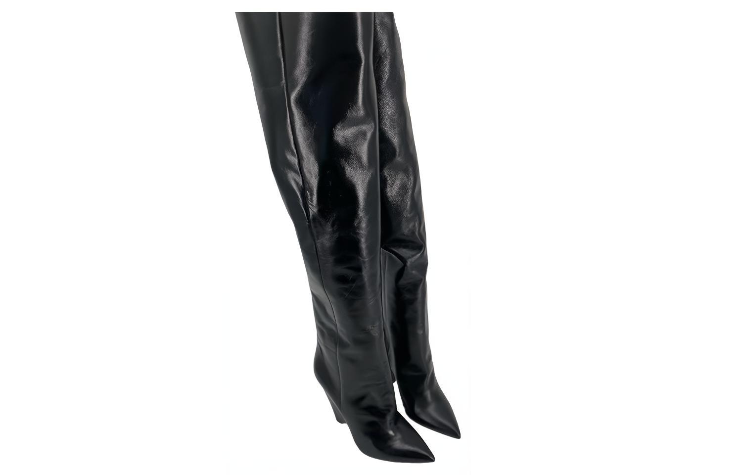 Shop (W) 생 로랑 블랙 가죽 포인티드토 하이탑 부츠 5276400RR001000