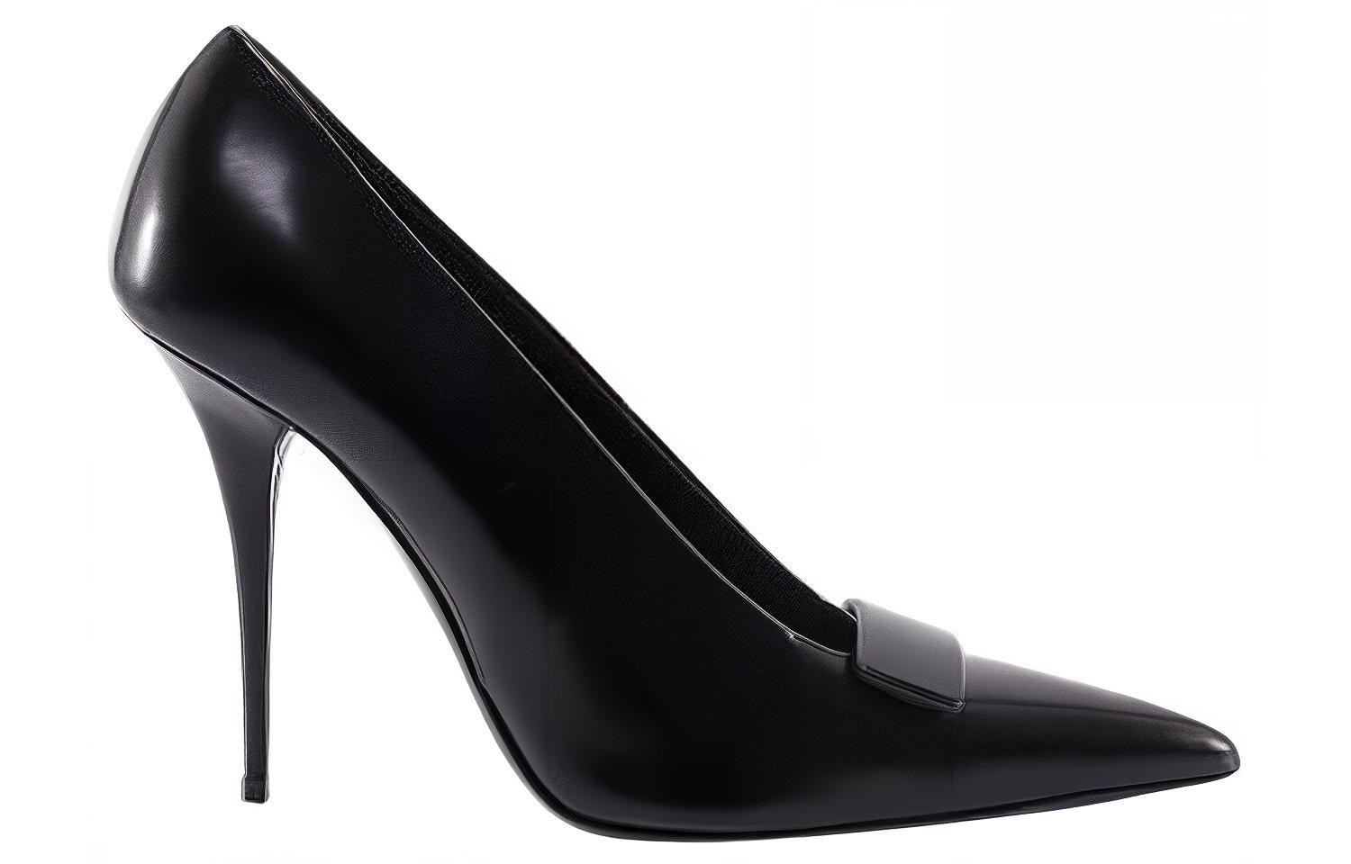 Order (W) Saint Laurent Kulit Tumit Tinggi Hujung Runcing 'Hitam' 7091590XF001000