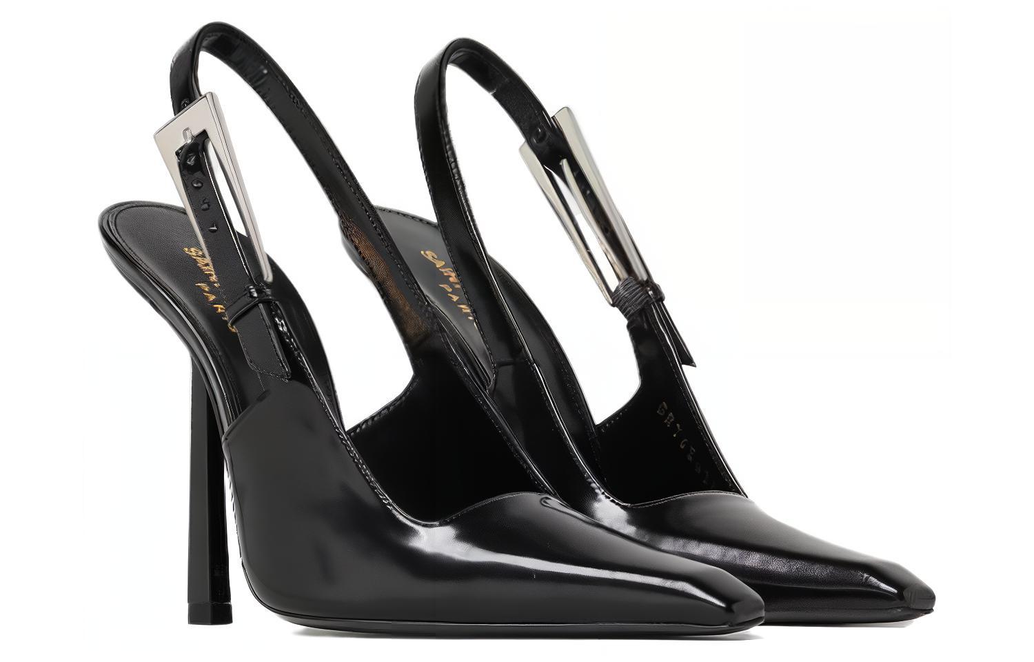 Lookbook (W) Saint Laurent Kulit Tumit Jarum Berbucu Gesper 'Hitam' 763417AAAZY1000