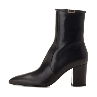 (W) Saint Laurent Leather Round Toe Chunky Heel Ankle Boots 'Black Elegance'