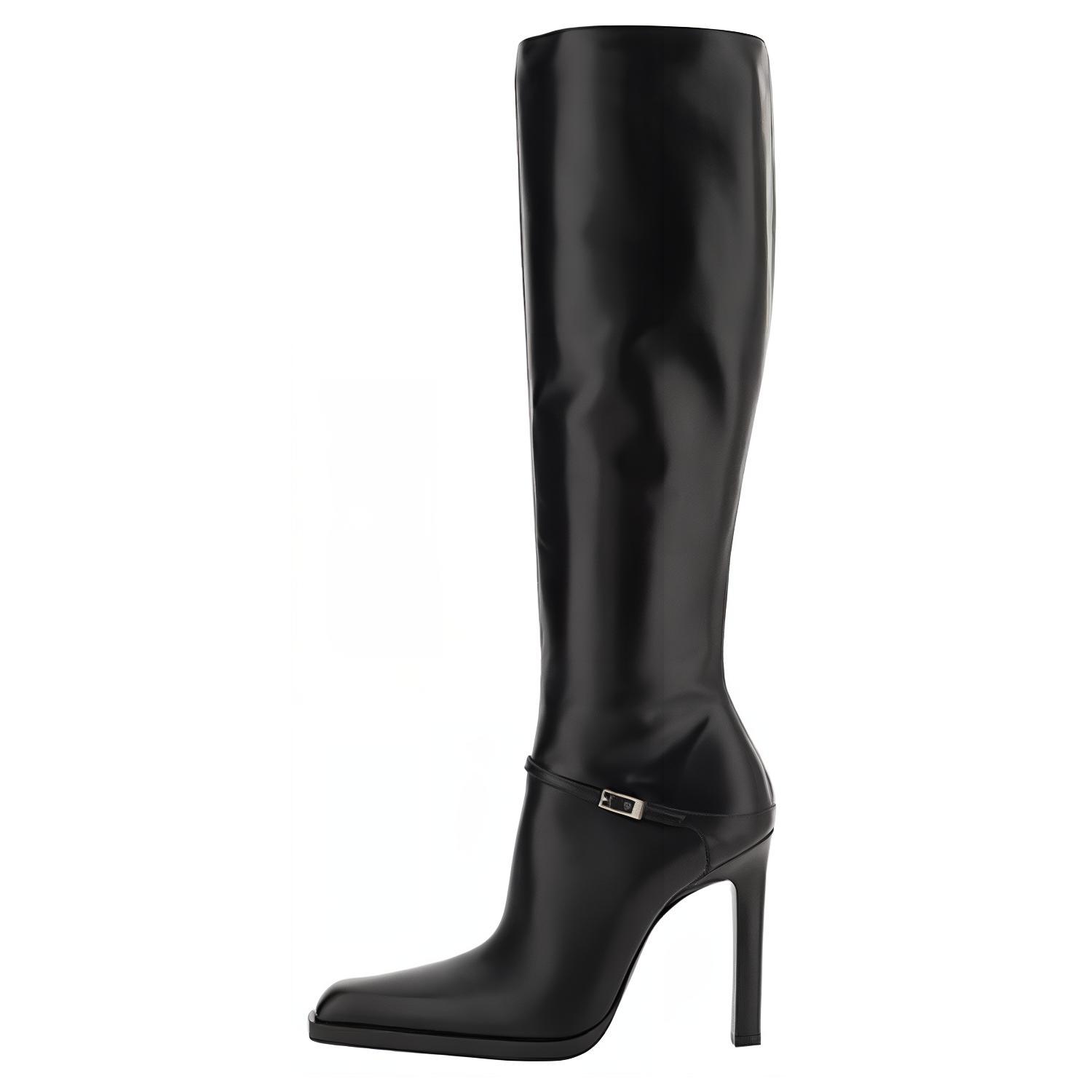 (Women) Saint Laurent Leather Round Toe Zip Slim Heel High Boots 'Black' 755230AACG81000