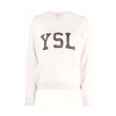 (Women) Saint Laurent Logo Print Crewneck Sweatshirt Light Oatmeal Color 666987Y36IP9766